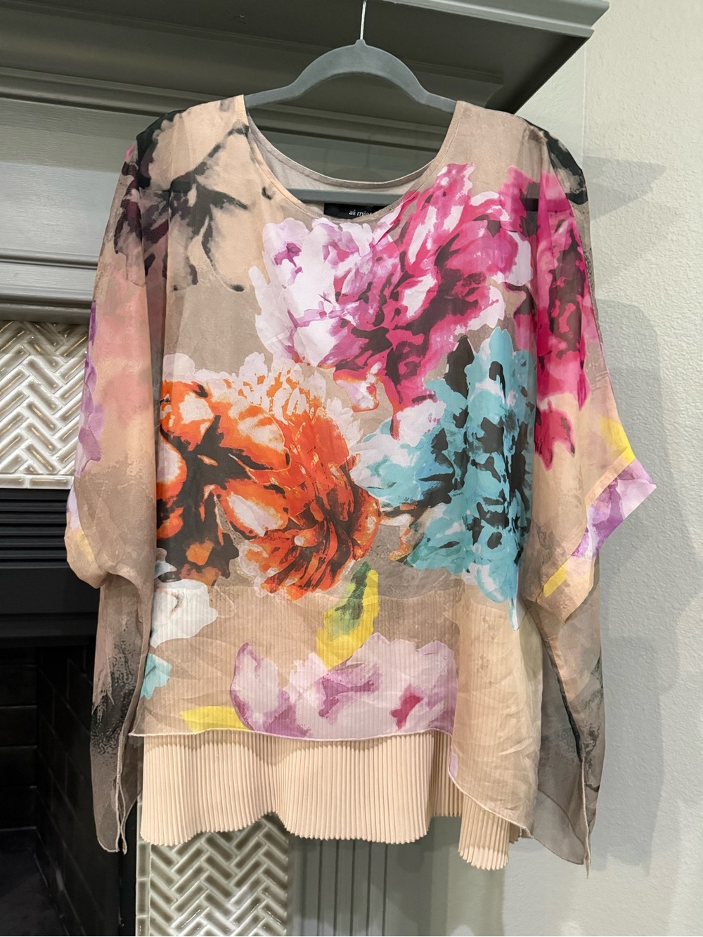 Ali Miles Floral Layered Chiffon Tunic in Beige with Pink, Orange and Aqua